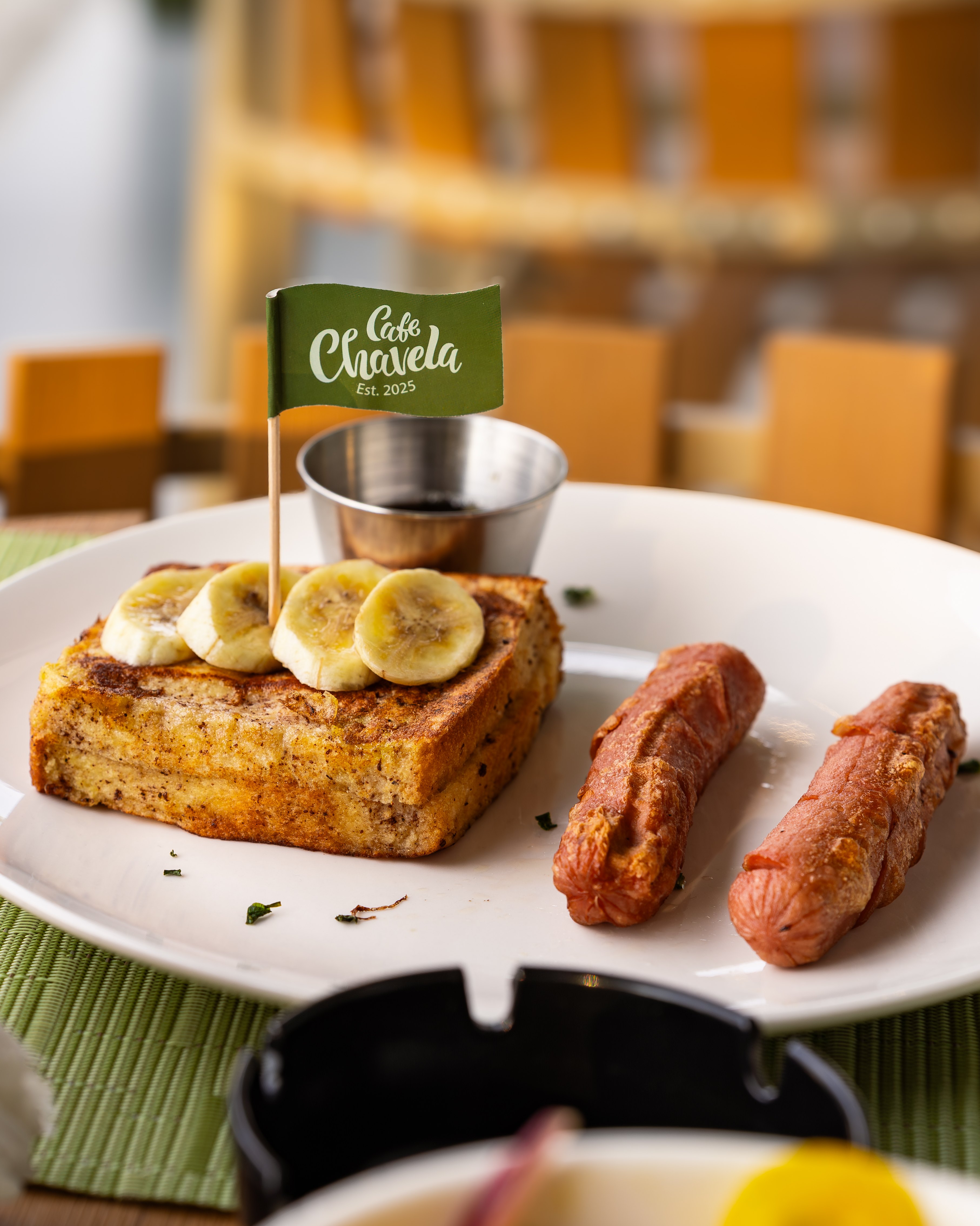 Delicious French toast with banana and sausages